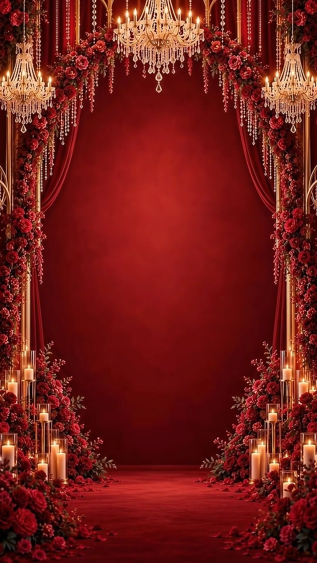 Crimson velvet, red roses, gold chandeliers and candlelight surrounding an open central space