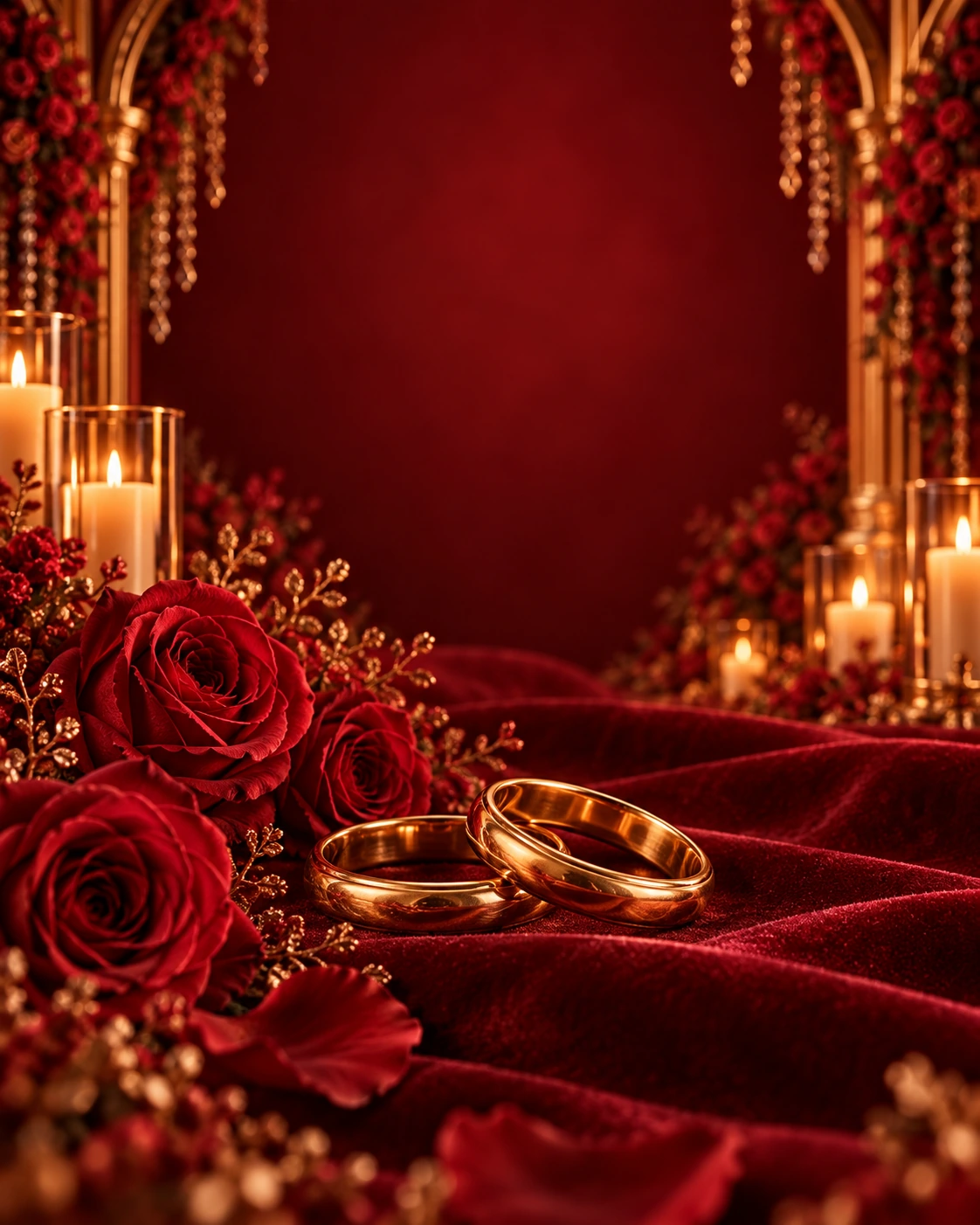 Two gold wedding bands on crimson velvet, with ruby roses and warm candlelight